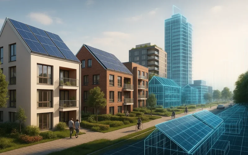 Vista de un barrio europeo sostenible con edificios reales y su gemelo digital en wireframe, integrando solar y planificación urbana