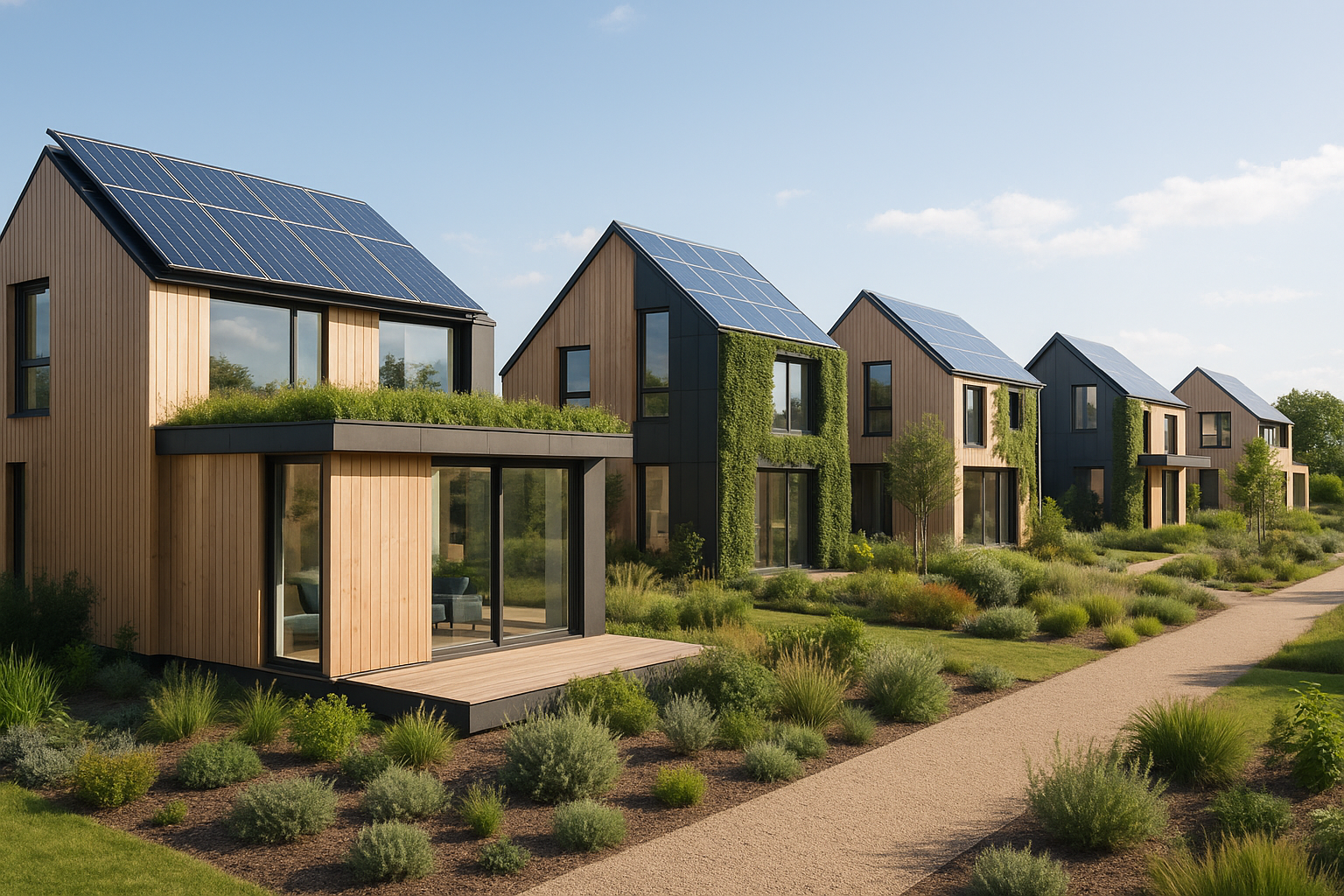 Casas del futuro en Europa con paneles solares, materiales sostenibles y vegetación integrada
