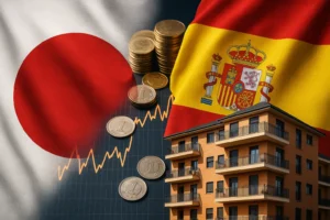 Gráfico conceptual sobre el impacto de la crisis fiscal de Japón en el precio de la vivienda en España