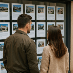 Pareja observa carteles de vivienda ante inmobiliaria afectada por impuesto a extranjeros