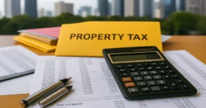 Calculadora y carpeta fiscal sobre mesa con documentos financieros, impuestos inmobiliarios en Latinoamérica