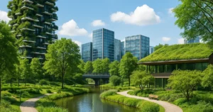 Infraestructura verde urbana con edificios modernos y techos verdes