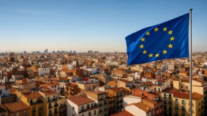 Imagen panorámica de ciudad europea densa como símbolo de políticas públicas de vivienda