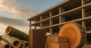 Bambú, lignina, ladrillos y madera frente a edificio moderno en construcción sostenible