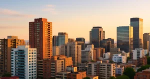 Mercado inmobiliario en Latinoamérica al atardecer con edificios residenciales y comerciales modernos en una ciudad realista.