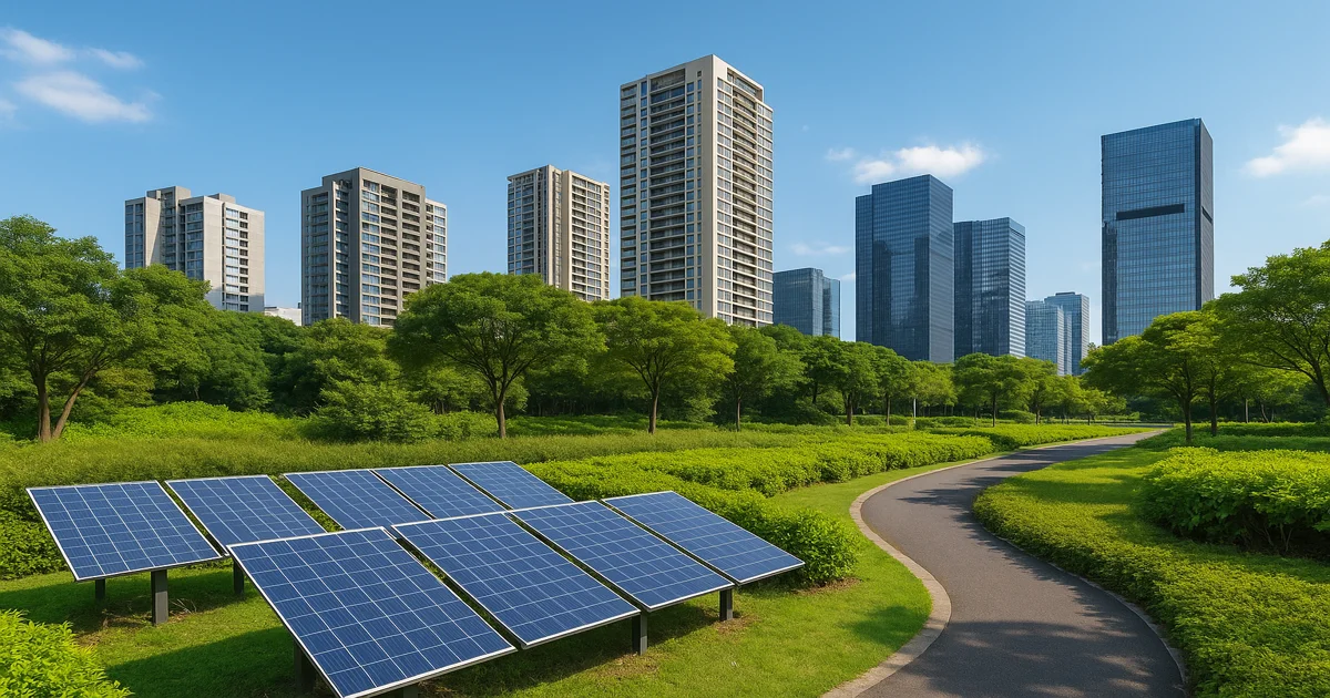Paneles solares y edificios residenciales rodeados de árboles en una microciudad sostenible en Latinoamérica