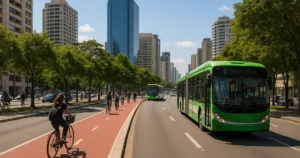 Carril bici urbano y buses eléctricos verdes en ciudad moderna de Latinoamérica