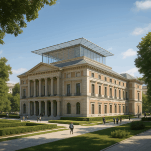 Vista de la fachada restaurada del nuevo Museo del Prado ampliado