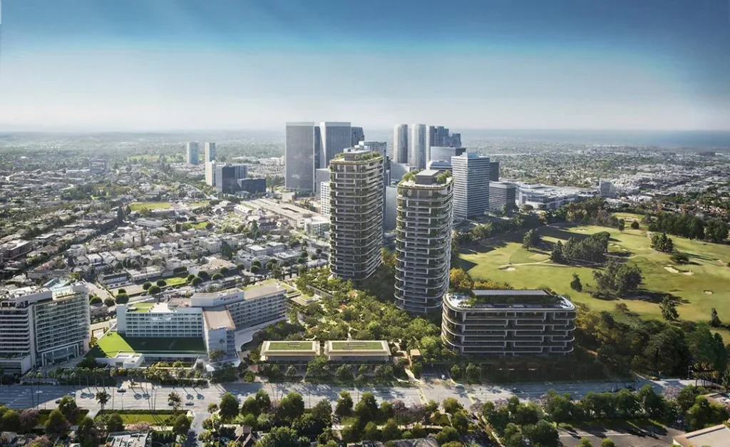 Render del proyecto One Beverly Hills con torres sostenibles y jardines urbanos
