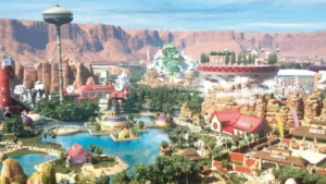 Vista panorámica del parque temático Dragon Ball en Arabia Saudí con la montaña rusa de Shenron