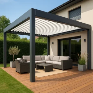 Pérgola bioclimática moderna en terraza residencial con lamas orientables y mobiliario exterior