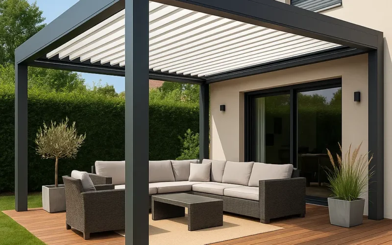 Pérgola bioclimática moderna en terraza residencial con lamas orientables y mobiliario exterior