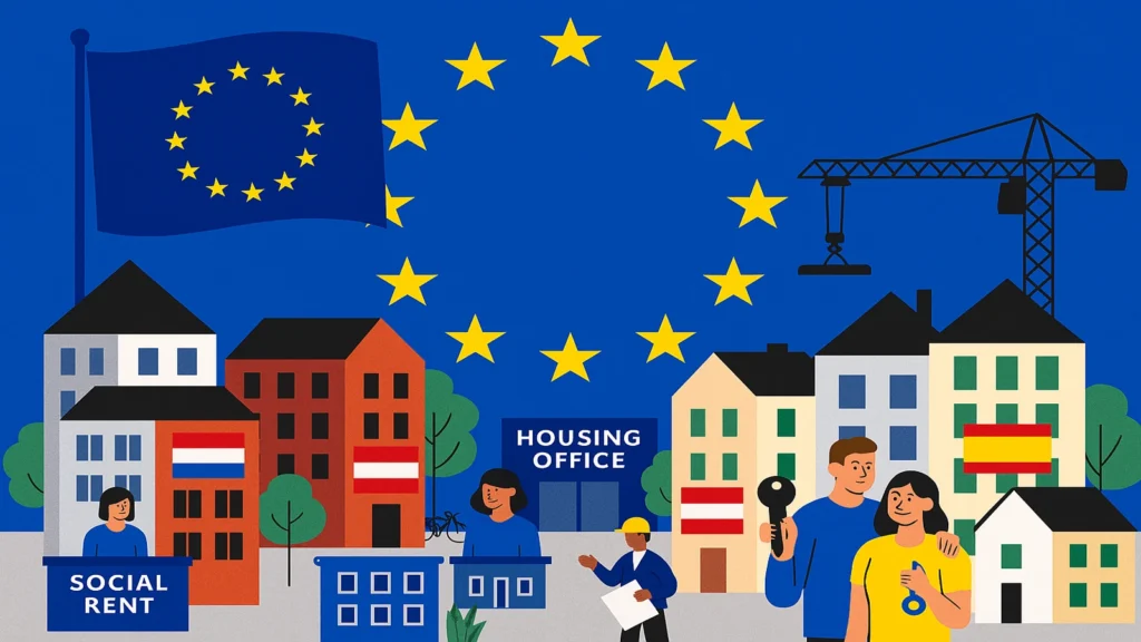 Ilustración con edificios de Alemania, Países Bajos, Austria y España bajo una gran bandera de la UE