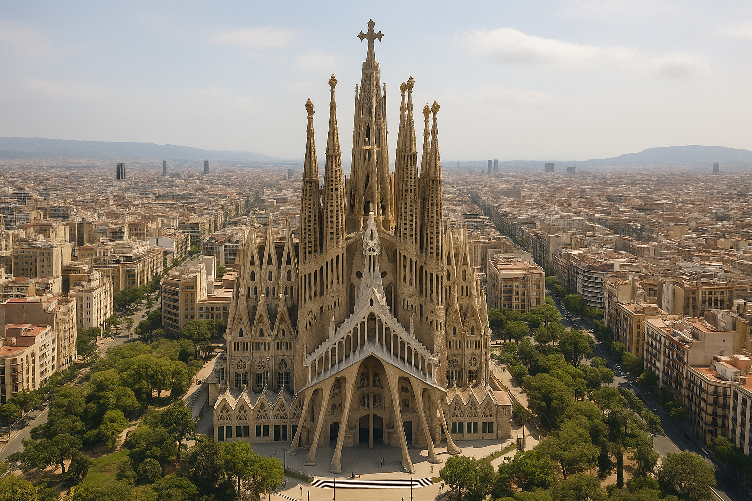 vista aérea de la Sagrada Familia terminada con 18 torres en 2026