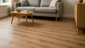 suelo vinílico en casa con acabado de madera clara en salón moderno