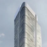 Vista real de la parte superior de la T1 Tower Frankfurt con fachada curva de cristal