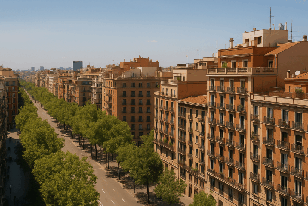Vista urbana de edificios residenciales al atardecer, ideal para ilustrar si conviene vender una vivienda en 2025