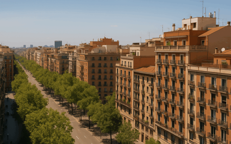 Vista urbana de edificios residenciales al atardecer, ideal para ilustrar si conviene vender una vivienda en 2025