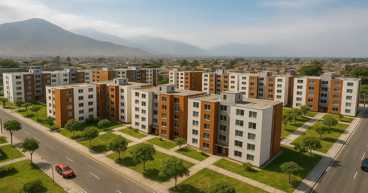 Vista aérea hiperrealista de un conjunto de viviendas asequibles inspirado en zonas urbanas de Perú