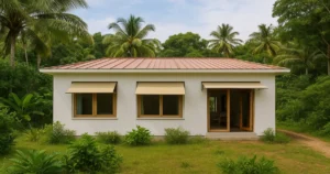 Vivienda pasiva en clima tropical con toldos y vegetación densa