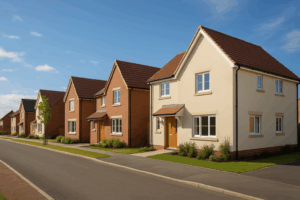 Viviendas unifamiliares alineadas en una ciudad media española, bajo cielo azul