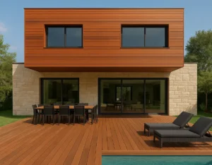 Casa minimalista de dos plantas con fachada de piedra clara e iroko, jardín amplio, piscina y mobiliario exterior