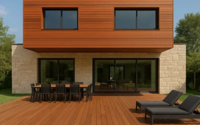 Casa minimalista de dos plantas con fachada de piedra clara e iroko, jardín amplio, piscina y mobiliario exterior