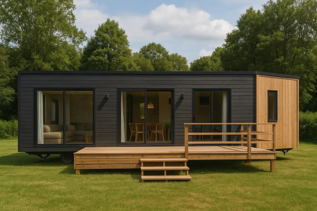 Casa móvil ecológica instalada en suelo verde