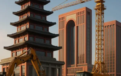 Sitio de construcción en China con maquinaria pesada y edificios monumentales de estilo contemporáneo y tradicional