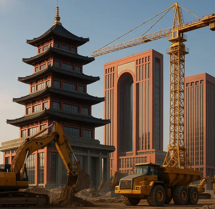 Sitio de construcción en China con maquinaria pesada y edificios monumentales de estilo contemporáneo y tradicional