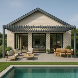 Casa de una planta con fachada de piedra blanca, pérgola metálica, terraza amueblada con sillones y mesa de comedor, y mobiliario interior visible a través de grandes ventanales y cubierta de Zinc
