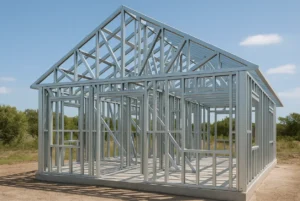 Estructura de una casa construida con steel framing, mostrando perfiles de acero galvanizado bajo cielo azul