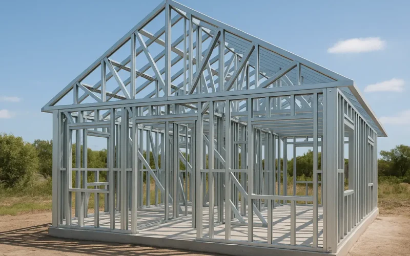 Estructura de una casa construida con steel framing, mostrando perfiles de acero galvanizado bajo cielo azul