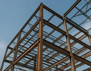 Estructura metálica de acero sin revestimiento en proceso de montaje, vista desde un ángulo bajo, con cielo azul de fondo.
