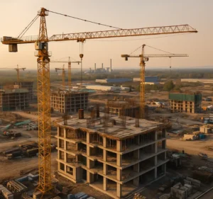 Vista aérea de grúas torre y edificios en construcción durante el atardecer