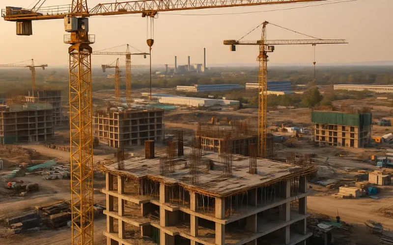 Vista aérea de grúas torre y edificios en construcción durante el atardecer