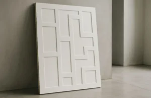 Panel de tablero DM (MDF) blanco con relieve geométrico en ambiente interior moderno
