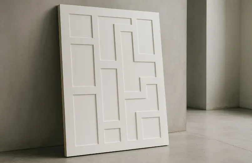 Panel de tablero DM (MDF) blanco con relieve geométrico en ambiente interior moderno