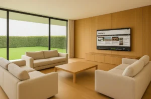 Salón espacioso con tres sofás beige en forma de U, pared panelada en haya clara