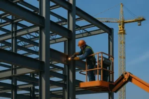 Operario con arnés de seguridad soldando una viga a un pilar metálico desde una plataforma elevadora en una estructura de acero, con una grúa torre amarilla al fondo.