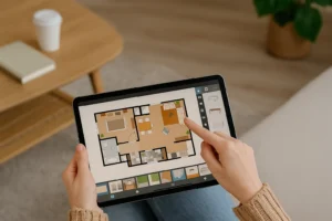 persona diseñando la distribución de su vivienda con una app en una tablet