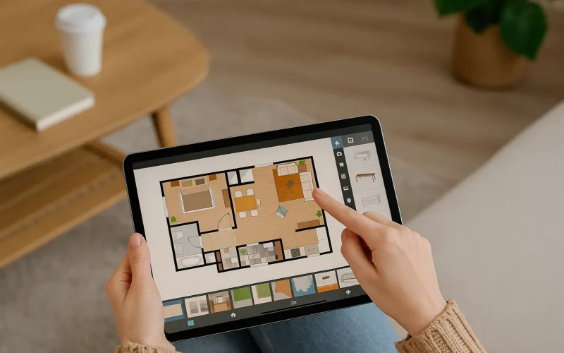 persona diseñando la distribución de su vivienda con una app en una tablet