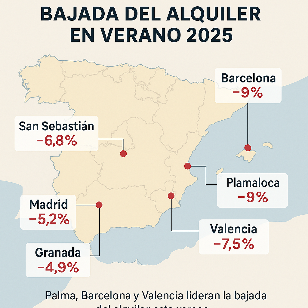 mapa de España con ciudades destacadas por la bajada del alquiler en verano 2025