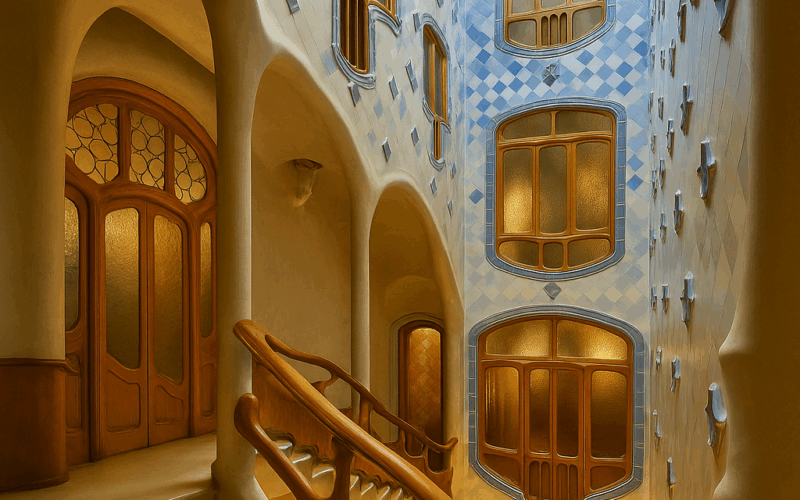 Interior de Casa Batlló reformado con escaleras de Gaudí y luz natural