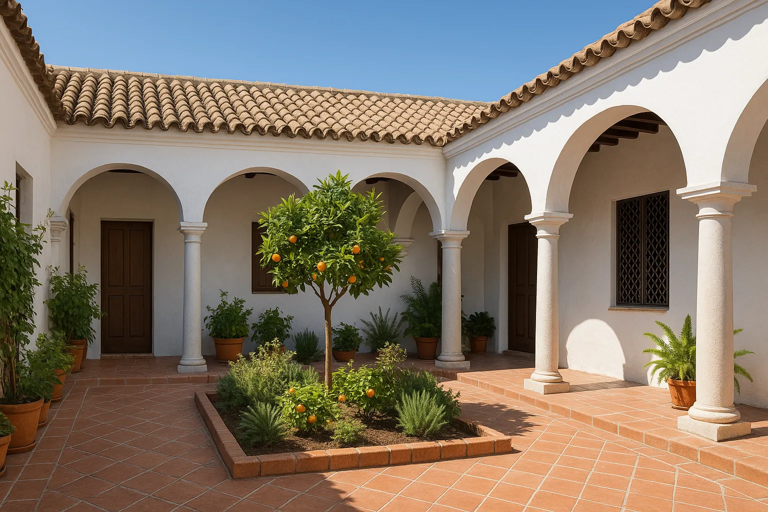 casa patio mediterránea con vegetación y diseño tradicional