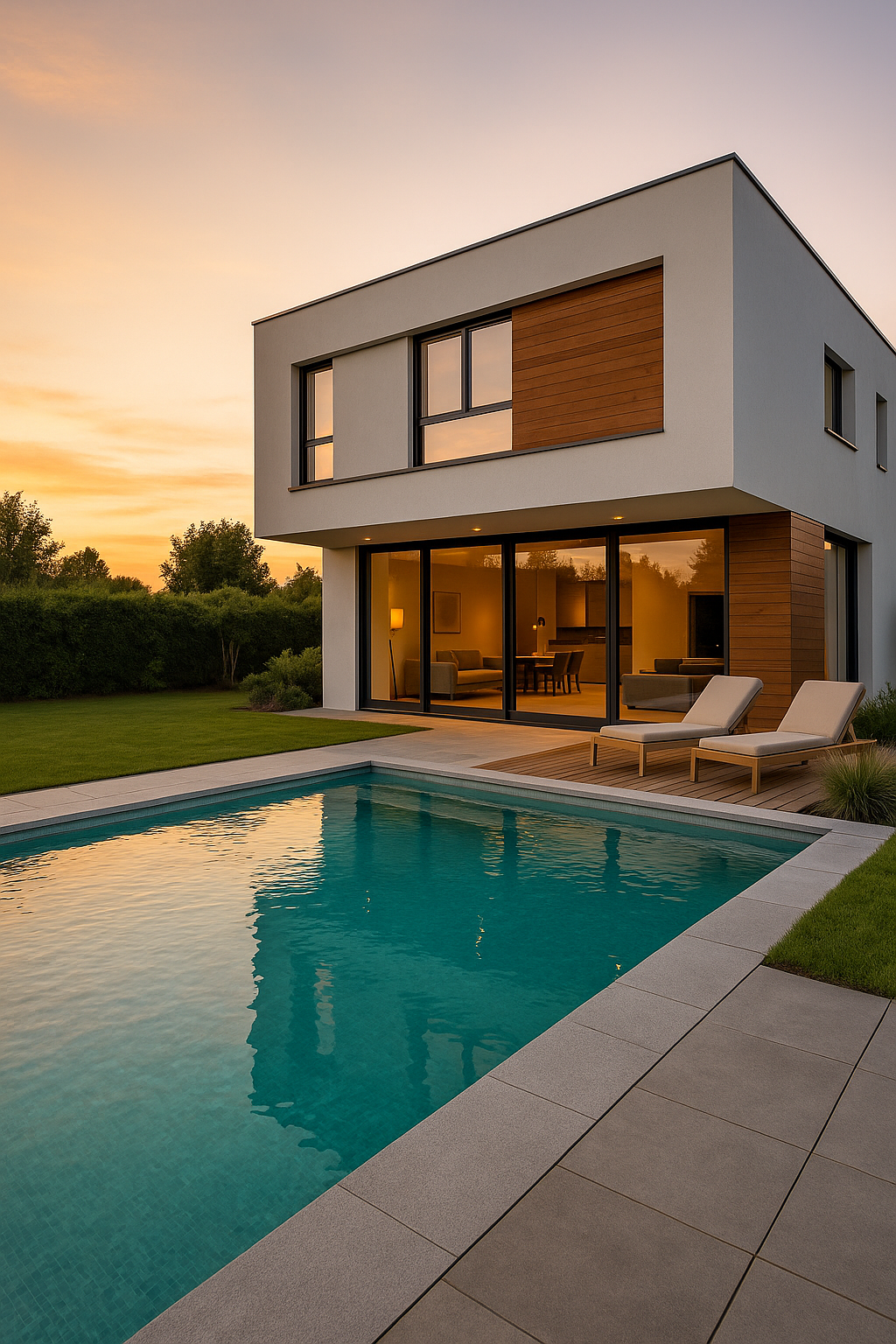 Casa moderna con piscina privada al atardecer
