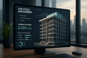 Visualización en pantalla del ciclo de vida de los edificios con huella de carbono