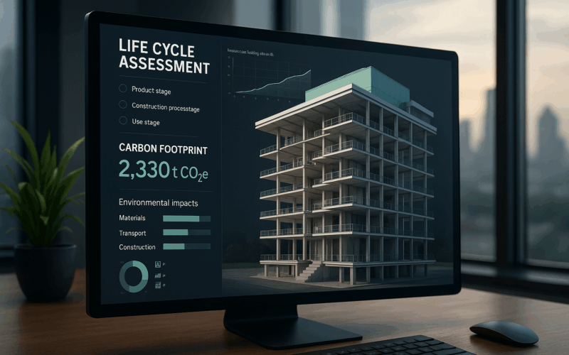 Visualización en pantalla del ciclo de vida de los edificios con huella de carbono