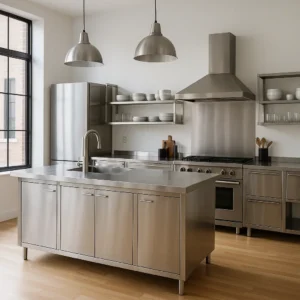 Cocina moderna con isla central de acero inoxidable, electrodomésticos profesionales y estantes abiertos en una vivienda unifamiliar luminosa