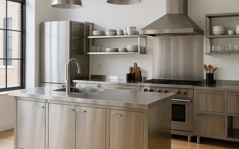 Cocina moderna con isla central de acero inoxidable, electrodomésticos profesionales y estantes abiertos en una vivienda unifamiliar luminosa